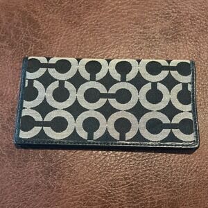 Coach Black Signature C Jacquard Leather Checkbook Cover Slim Wallet Accessory